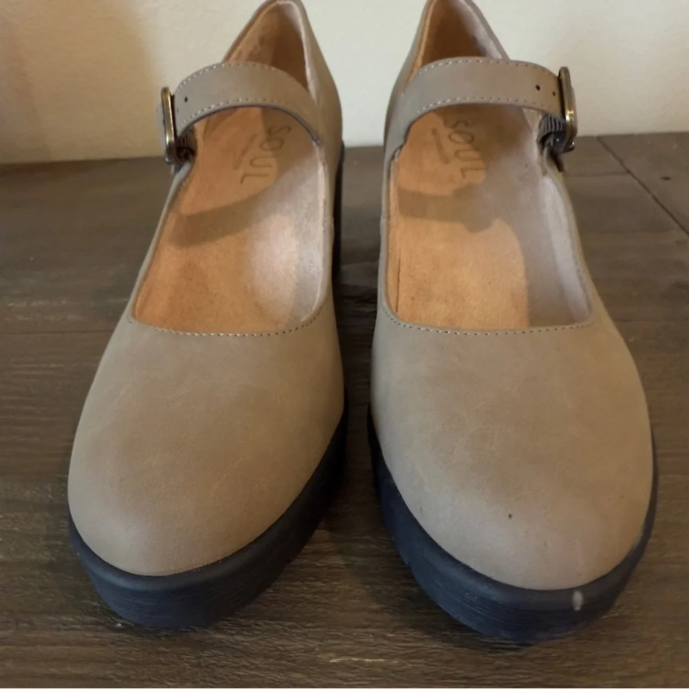 Adore Taupe Mary Jane Wedges with Black Platform